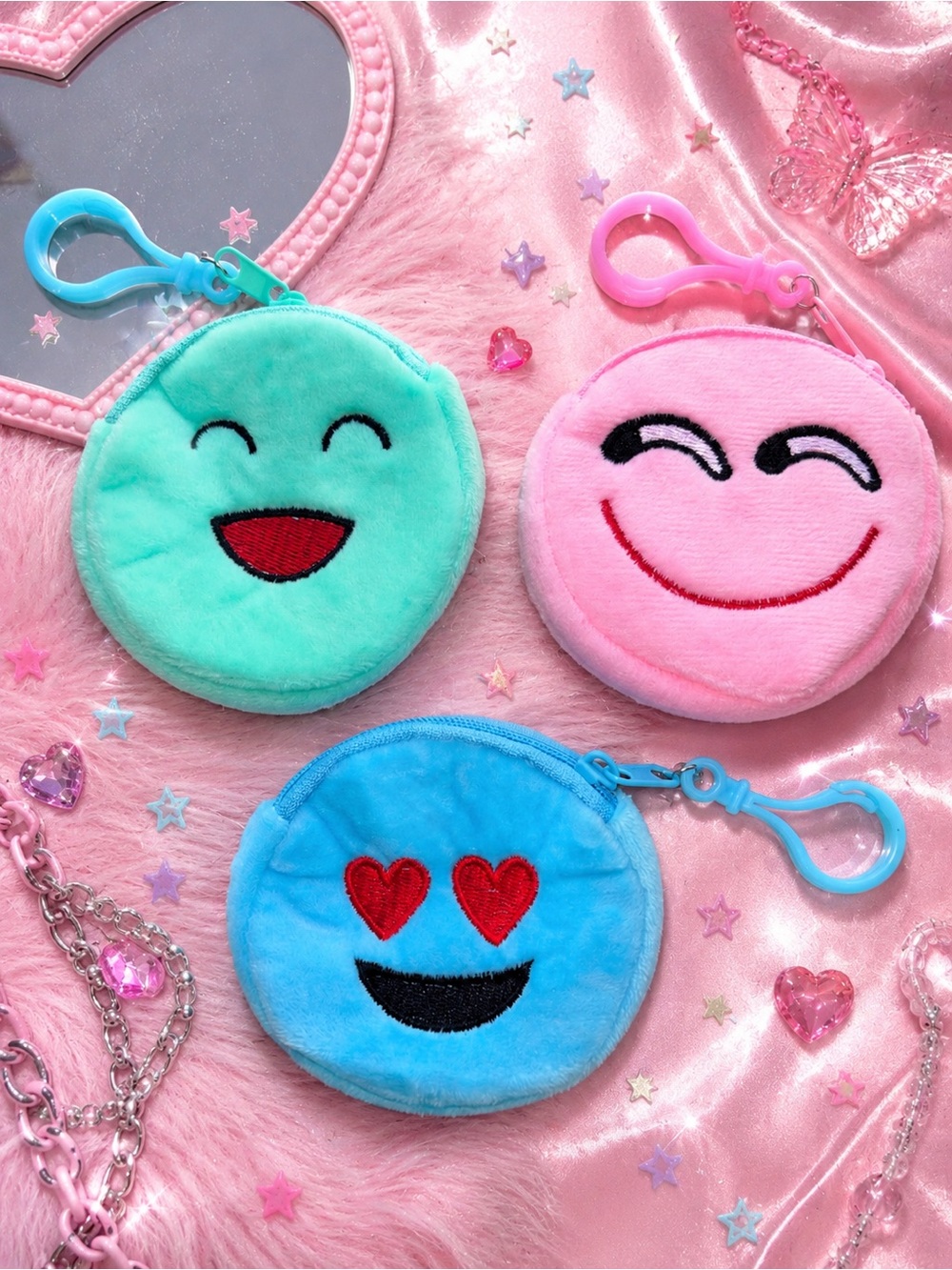 Set of 3 Plush Emoji Coin Pouch Bag Charms Y2K Kawaii